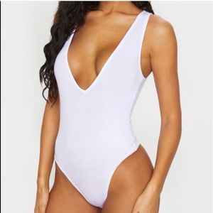 Jersey Plunge Neck Thong Bodysuit